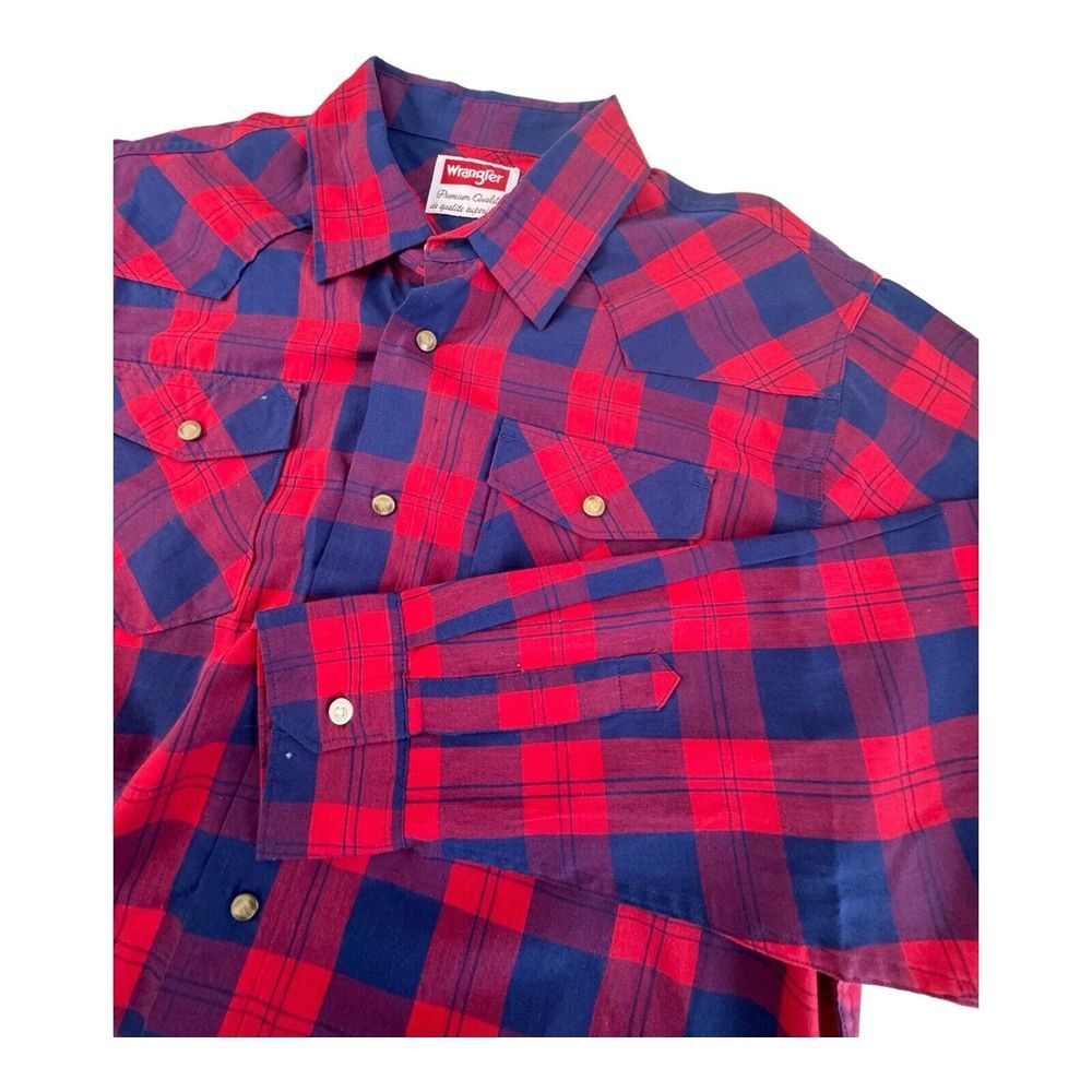 Wrangler Men's  Large Red &‎ Blue Plaid Long Sleeve Shirt Pearl Snap Western
